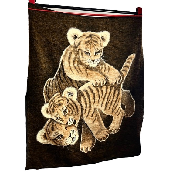 Vintage Safari Weavers Monsanto Tiger Cubs Brown Throw Blanket 62 x 52 W Germany
